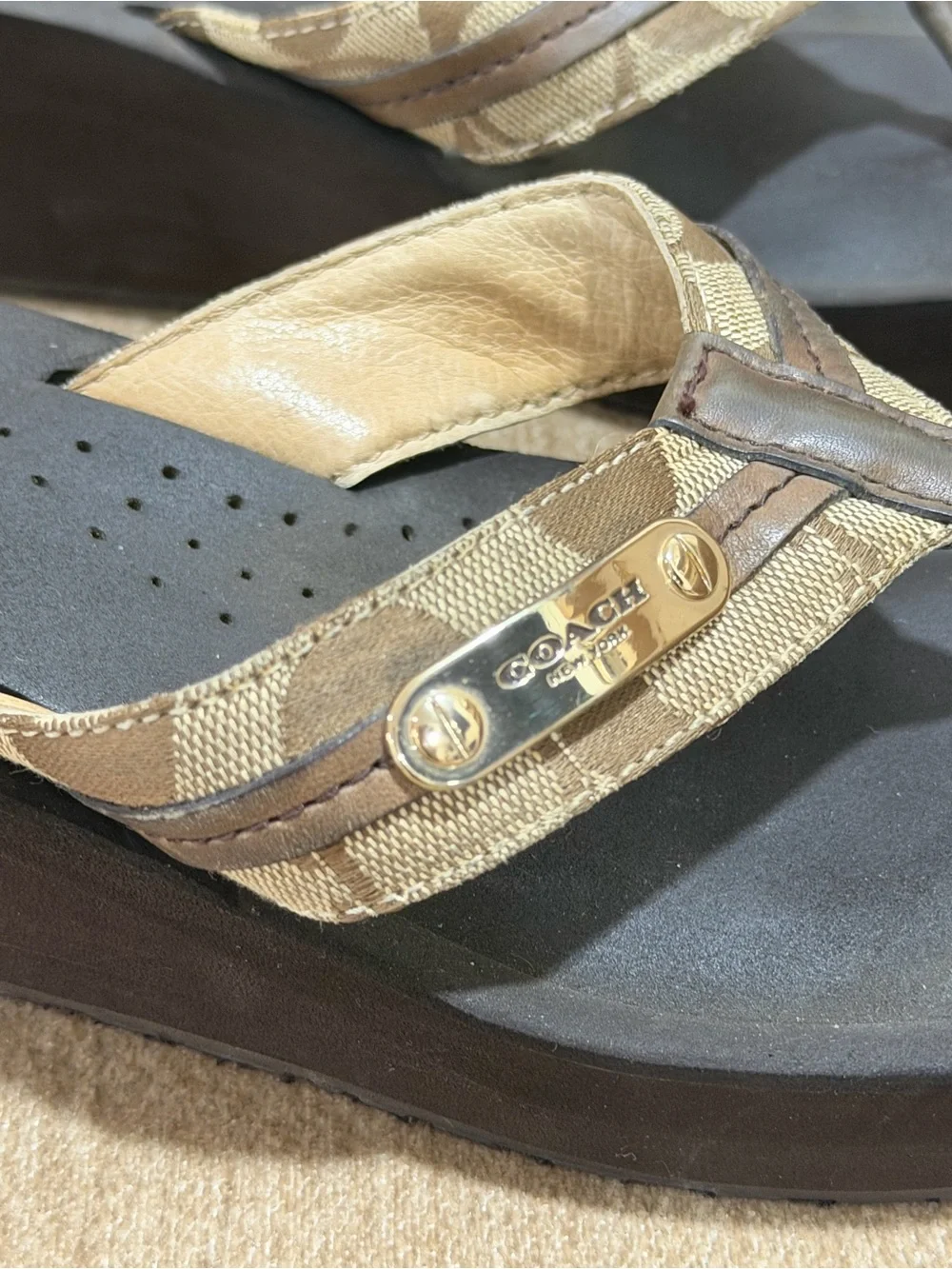 Coach Brown and Tan Signature Wedge Thong Sandals